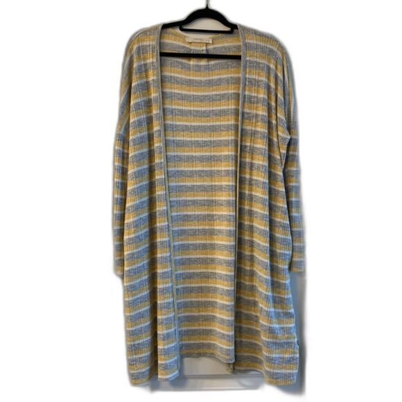 rokoko by Dazz Women Sz M Cardigan Yellow Gray White Striped Long Pockets - Picture 1 of 6
